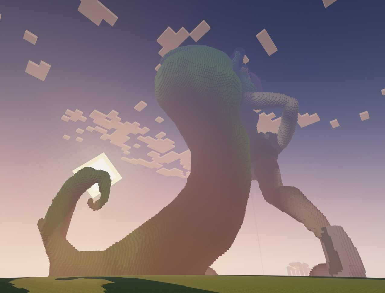 In-game screenshot with shaders, low angle from back