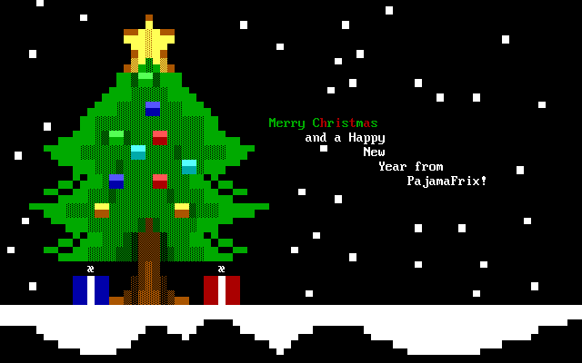 ANSI art of a christmas tree. Text besides it read "Merry Christmas and a Happy New Year from PajamaFrix!"