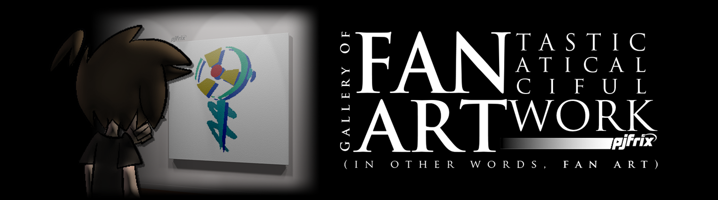 Header for the Fan Art gallery: Sam (pjfrix) looking at a piece of art of a fan on the wall of a museum.